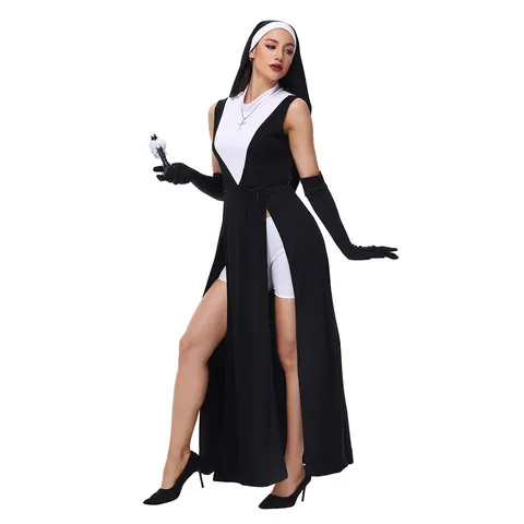 Costume da Suora Gotica da Donna Set Vestito Maxi con Spacco Cappuccio Guanti Abbigliamento da Cosplay