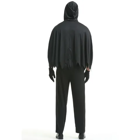 Costume De Squelette D'Halloween Grim Reaper En Polyester Cape À Capuche Haut Et Bas Unisexe Imprimé D'os Effrayant Tenue De Fête Cosplay