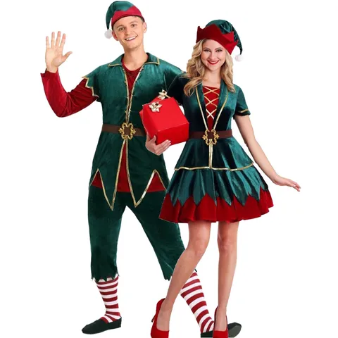 Déguisement Elfe Noël Unisexe Velours Tenue Jeu De Rôle Incluant Haut Et Bas Robe Pour Fête Célébration