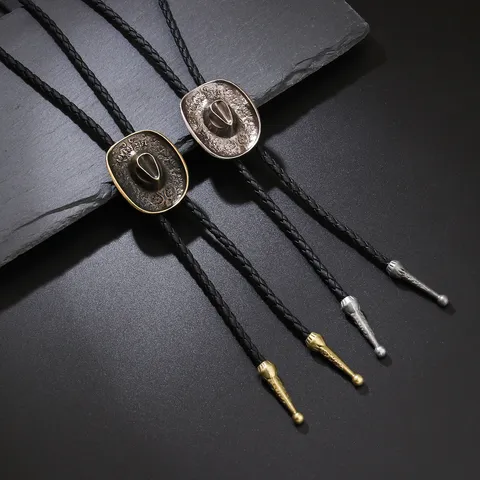 Men's Vintage Cowboy Hat Bolo Tie Retro Leather Rope Necklace Antique Metal Pendant Western Necktie Jewelry Gift