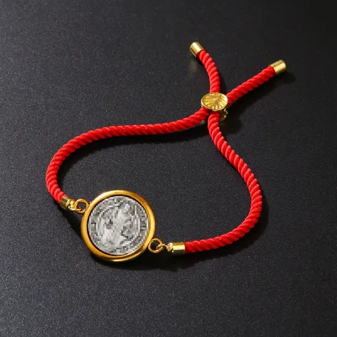 Vintage Adjustable Colorful Cotton Rope Bracelet Necklace Zinc Alloy Gold Coin Saint Medal Religious Pendant Unisex Jewelry