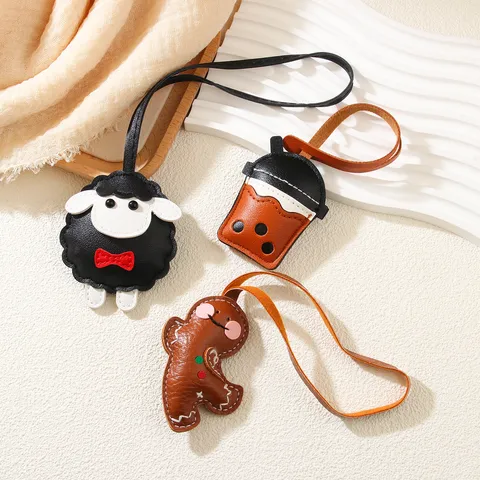 Cute PU Leather Milk Tea Cup Gingerbread Man Keychain Cartoon Animal Bag Pendant Handmade Women Bag Charm Jewelry Accessory