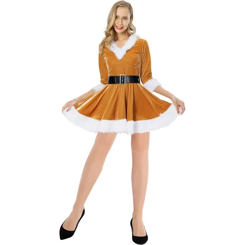 Robe de Noël Sexy en Velours avec Capuche pour Femme Avec Ceinture et Bordure en Fourrure Synthétique pour Fête Cosplay