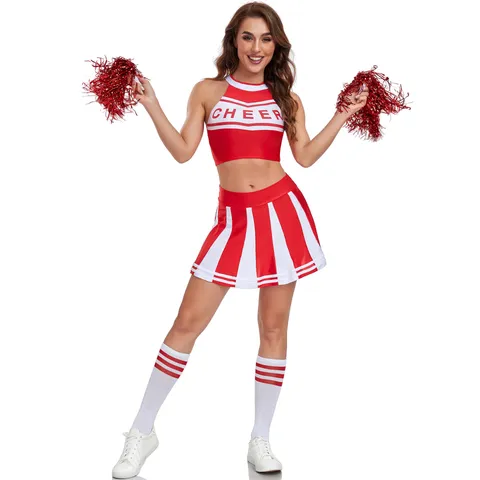 Ensemble de Costume de Cheerleader Sexy pour Femmes Haut Court Imprimé Lettres et Mini Jupe Plissée Uniforme pour Performance Scène Cosplay