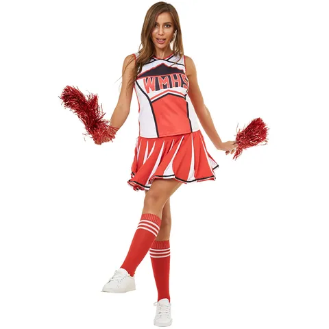 Uniforme Sexy de Pom-Pom Girl pour Femme Ensemble WMHS Glee Cosplay Costume Rouge Bleu Contraste Lettres Imprimé Haut Jupe Plissée Tenue de Fête