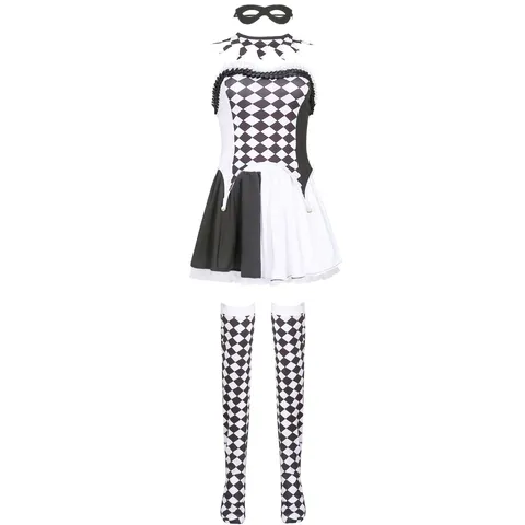 Women Harlequin Clown Costume Top And Bottom Set Black White Plaid Dress With Mask Neck Ring Socks Halloween Role Play
