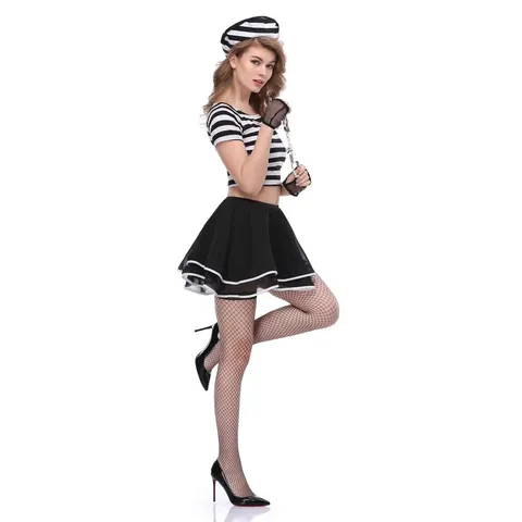 Costume da Prigioniero a Righe Sexy per Donna Halloween Crop Top Mini Gonna Con Cappello Manette Completo da Cosplay