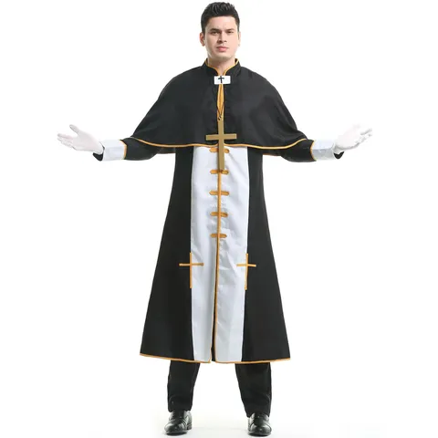 Costume de Prêtre pour Hommes Robe Noire Romaine Avec Collier de Croix et Gants pour Halloween Cosplay Party Clergé Tenue