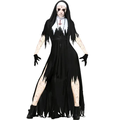 Γυναικείο Αποκριάτικο Κοστούμι Cosplay Zombie Nun Γοτθικό Τρόμου Vampire Robe Σετ Με Μαντήλα Γάντια Και Κολιέ Σταυρό