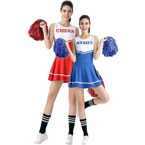 Costume de Cheerleader Sexy pour Femmes Robe Sans Manches Avec Imprimé de Lettres Et Pompons pour Performance Scénique Tenue Sportive