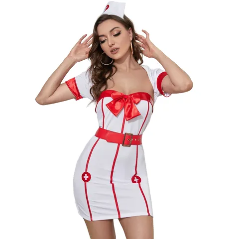 Women Sexy Spandex Nurse Cosplay Costume White Red Contrast Cross Short Sleeve Dress Hat Belt Outfit
