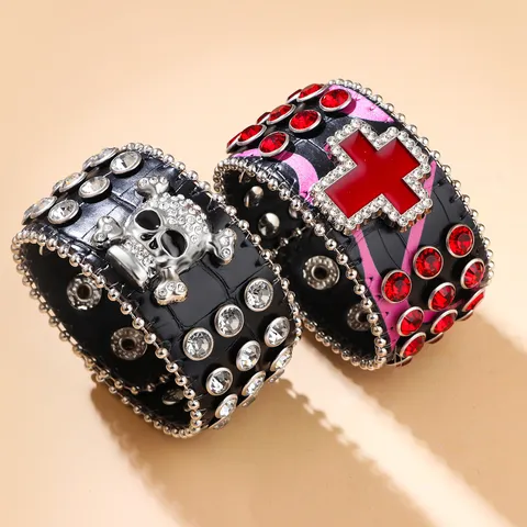 Gothic Punk Hip Hop Wide Leather Bracelet For Men Women Alloy Rhinestone Skull Cross Cuff Bangle Fashion Jewelry