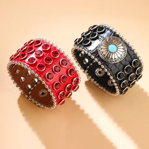Gothic Punk Hip Hop Wide Leather Bracelet For Men Women Alloy Rhinestone Skull Cross Cuff Bangle Fashion Jewelry