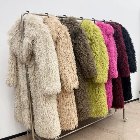Women's Autumn Winter Thickened Faux Fur Coat Mid Length Oversized Lapel Fluffy Faux Mongolian Lamb Fur Jacket Outerwear