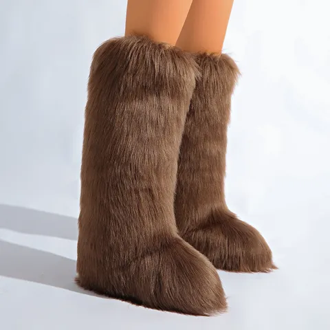 Women's Winter Knee High Snow Boots Faux Fur Warm Long Boots Solid Color Thick Plush Casual Fashion Footwear