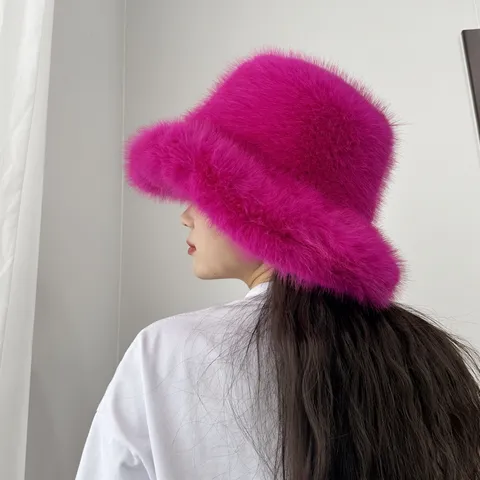 Women Winter Faux Fox Fur Bucket Hat Thickened Warm Wide Brim Plush Fisherman Cap Casual Daily Outdoor Windproof Hat