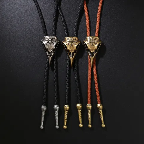 Vintage Punk Vogelschädel Bolo Krawatte Halskette Legierung Kunstleder Wikinger Kompass Anhänger Schmuck Für Männer Frauen