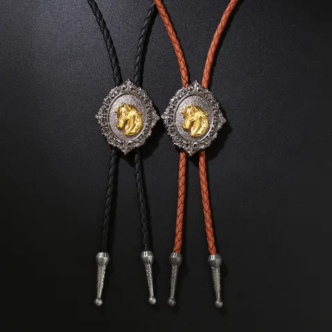 Vintage Western Cowboy Bolo Tie Zinklegering Goud Paard Hanger Ketting Gevlochten Leren Koord Mode Sieraden Voor Man Vrouw