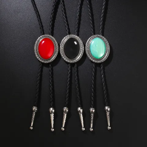 Retro Alloy Artificial Leather Bolo Tie Vintage Gemstone Pendant Necklace Western Cowboy Neckwear Fashion Jewelry