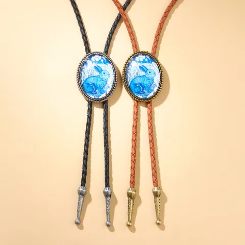 Western Cowboy Bolo Tie Leather Cord Alloy Pendant Necklace Vintage Floral Animal Slide Necklace Jewelry For Men Women