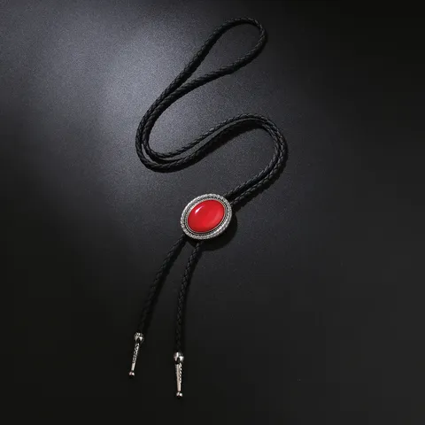 Retro Alloy Artificial Leather Bolo Tie Vintage Gemstone Pendant Necklace Western Cowboy Neckwear Fashion Jewelry