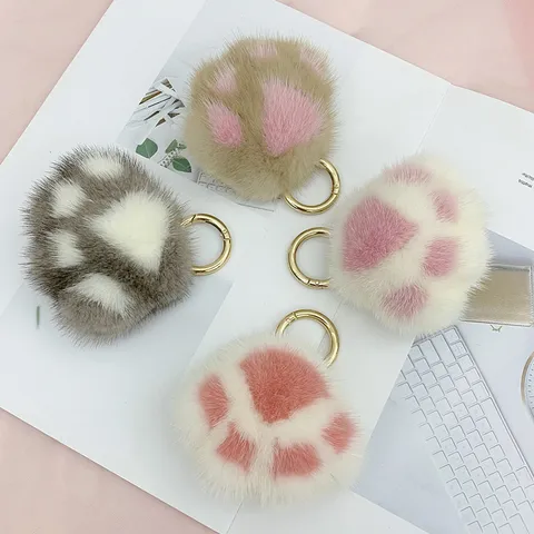 Schattig Pluche Kattenpoot Tassenhanger Kawaii Nep Nertsbont Sleutelhanger Vrouwen Auto Sleutelhouder Mode Accessoires Handtas Cadeau