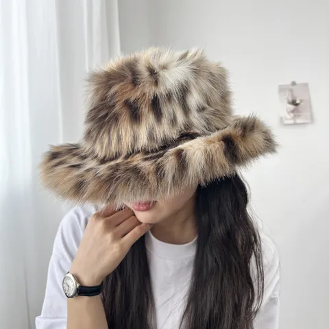 Damen Kunstfuchs Pelz Fischerhut Winter Warm Verdickt Einfarbig Leopardenmuster Breite Krempe Fischerhut Plüsch Mütze