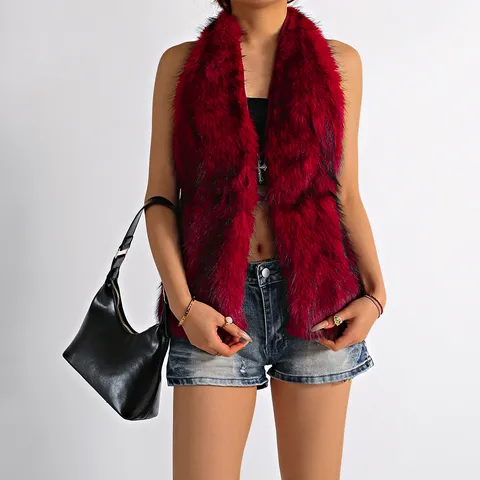 Women Sexy Halter Backless Faux Fur Vest Cross Pendant Sleeveless Crop Top Winter Fashion Outerwear