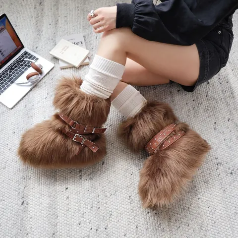 Y2K Punk Platform Snow Boots For Women Thick Sole Rivet Faux Shearling Short Boots Winter Warm Height Increasing Boots