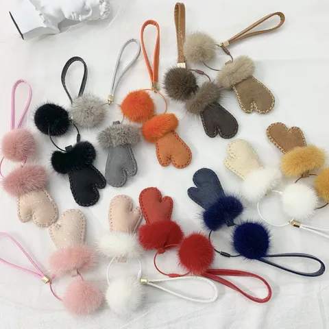 Cute Mink Fur Glove Keychain Bag Pendant Plush Ball Car Key Ring Fluffy Handbag Charm Korean Style Accessories