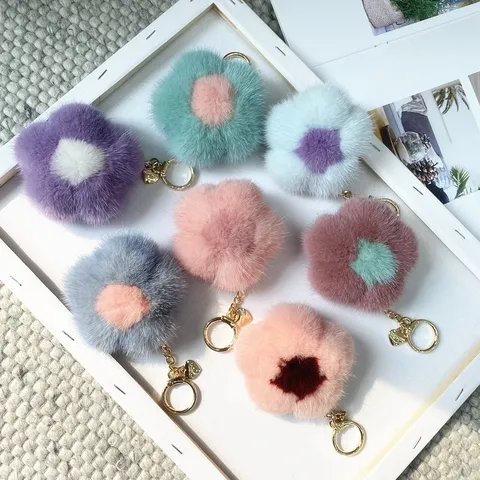 Fluffy Mink Fur Flower Keychain Cute Plush Pendant Bag Charm With Gold Metal Hardware Women Fashion Accessories