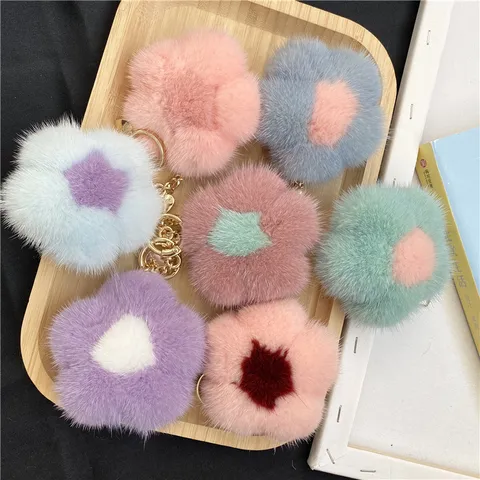 Fluffy Mink Fur Flower Keychain Cute Plush Pendant Bag Charm With Gold Metal Hardware Women Fashion Accessories