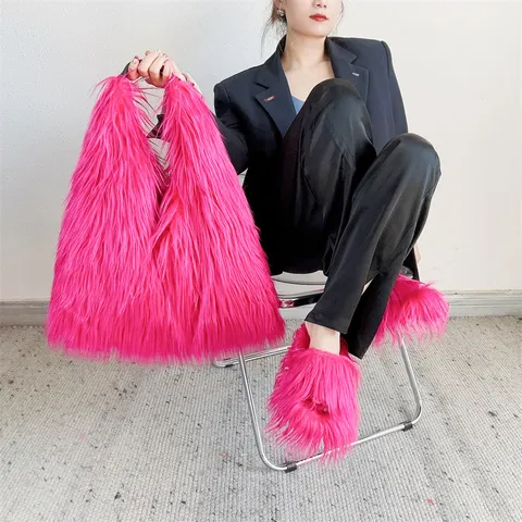 Y2K Faux Fur Tote Bag And Fuzzy Slippers Set Women Winter Warm Long Plush Shoes And Handbag Matching Set