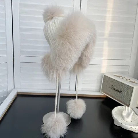 Gorro Ruso de Piel de Zorro para Mujer de Invierno Cálido Felpa Tejida Protección para los Oídos Gorro de Esquí