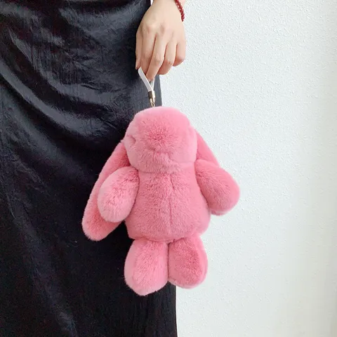 Style Japonais Mignon Pendentif Poupée Lapin en Peluche Douce Fourrure de Lapin Rex Animal en Peluche Charme de Sac Pendentif Clé Moelleux Lapin