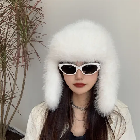Winter Faux Fox Fur Ushanka Hat Thickened Plush Windproof Ear Protection Ski Cap