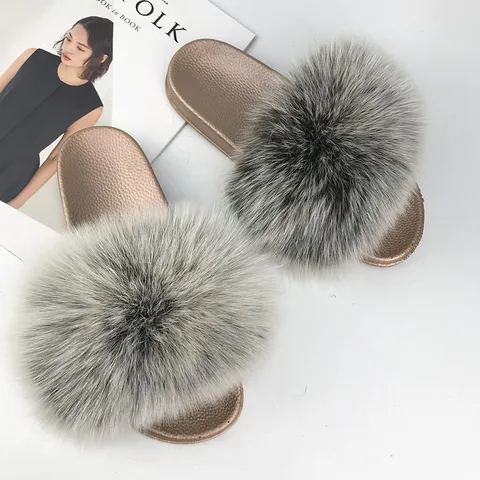 Women's Luxury Fox Fur Slippers Metallic Gold Sole Non-Slip Warm Indoor Outdoor Casual Slide Sandals Fashion Shoes