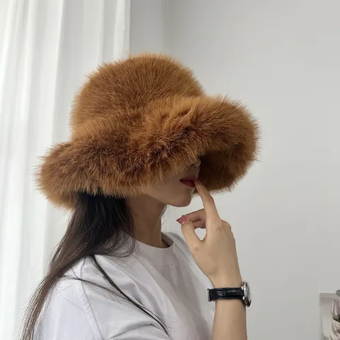 Women Winter Faux Fox Fur Bucket Hat Thickened Warm Wide Brim Plush Fisherman Cap Casual Daily Outdoor Windproof Hat