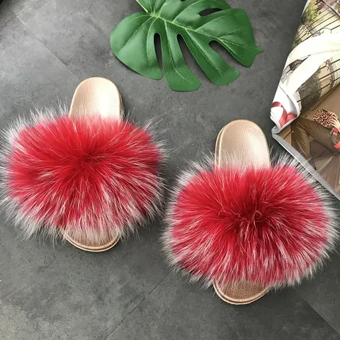 Γυναικείο Fashion Fur Slippers Summer Flat Slide Sandals PVC Sole Raccoon Fox Fur Slip-On Casual Indoor Outdoor Footwear
