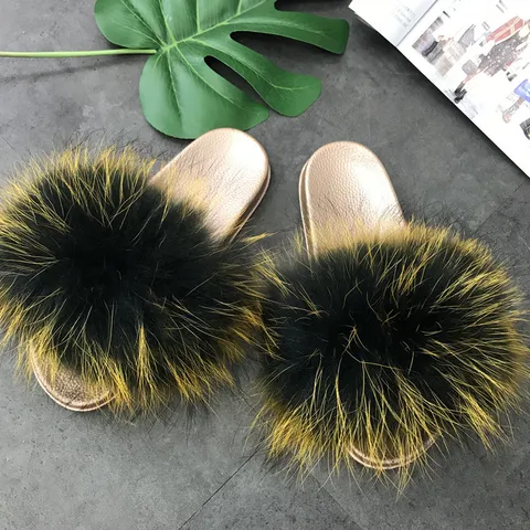 Γυναικείο Fashion Fur Slippers Summer Flat Slide Sandals PVC Sole Raccoon Fox Fur Slip-On Casual Indoor Outdoor Footwear