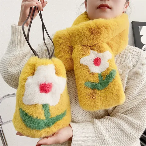 Women Faux Fur Plush Cherry Blossom Drawstring Handbag Crossbody Bag Matching Scarf Winter Warm Cute Fluffy Bag Set
