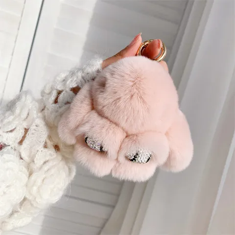 Flauschiger Rexkaninchenfell Taschenanhänger Süßer Strass Hase Schlüsselanhänger Plüsch Tier Pendant Handtasche Dekoration