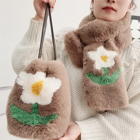 Women Faux Fur Plush Cherry Blossom Drawstring Handbag Crossbody Bag Matching Scarf Winter Warm Cute Fluffy Bag Set