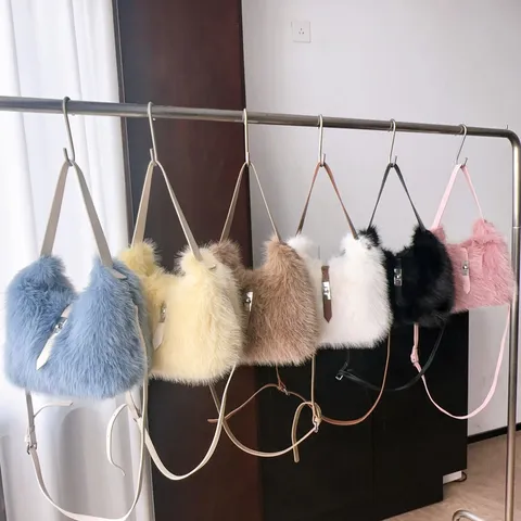 Bolso Bandolera de Piel Sintética Fluffy de Invierno para Mujer Color Macaron Bolso de Hombro de Peluche Bolso de Mano con Cierre