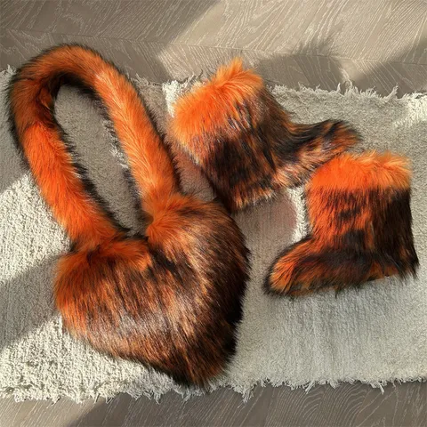 Women Faux Fur Snow Boots And Heart Bag Set Winter Warm Y2K Punk Style Platform Furry Bootie Female Fashion Footwear