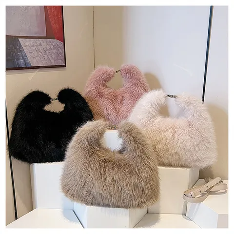 Femmes Fausse Fourrure de Renard Cabas Hiver Peluche Sac à Main Doux Moelleux Sac Bandoulière Décontracté Grande Capacité