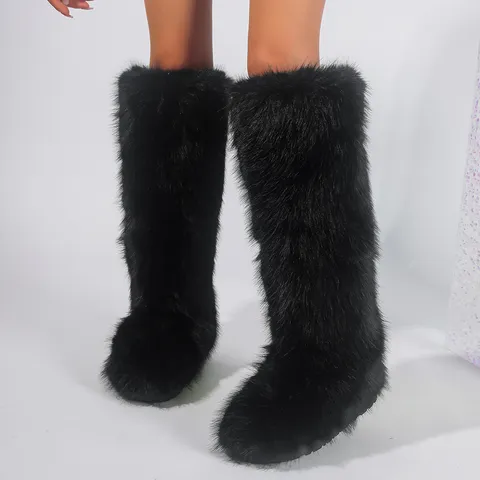 Women's High Knee Snow Boots Faux Fox Fur Winter Warm Y2K Long Furry Boots