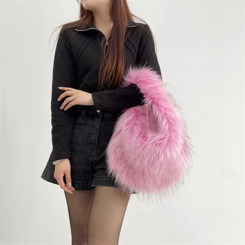 Women Faux Fur Handbag Plush Vest Style Hobo Tote Bag Sweet Cool Y2K Fashion Street Style Shoulder Bag