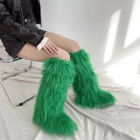 Women Winter Warm Long Plush Knee High Snow Boots Fashion Faux Fur Solid Color Casual High Tube Boots Footwear