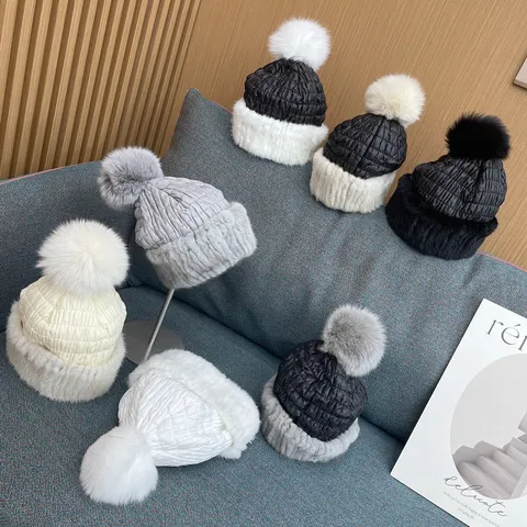 Winter Warm Mink Fur Knitted Down Cotton Hat With Big Fox Fur Ball Cute Ear Protection Thickened Women Plush Hat